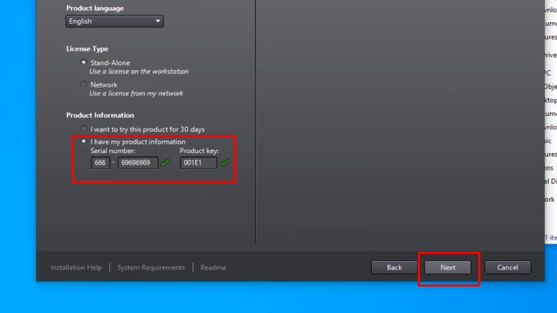 Nhập Serial Number: 666-69696969, Product key: 001E1, và bấm Next