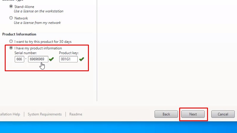 Nhập vào Serial number: 666-69696969, Product key: 001G1, và bấm Next