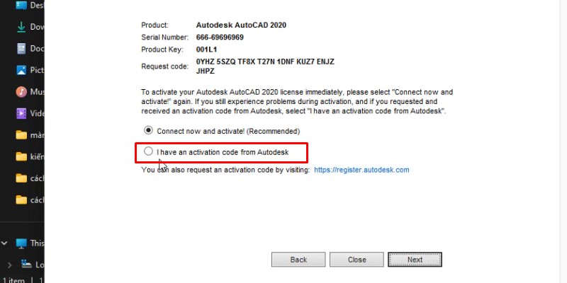 tích vào I have an activation code from Autodesk