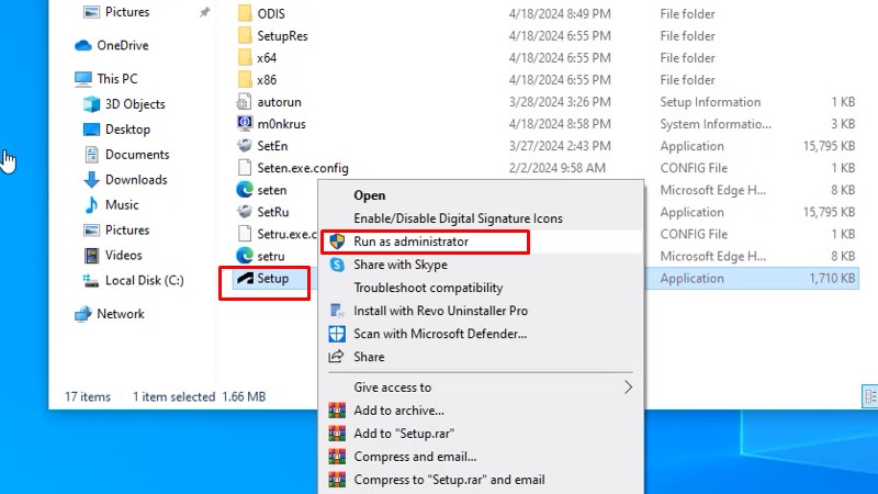 Chuột phải file Setup và chọn Run as admin....