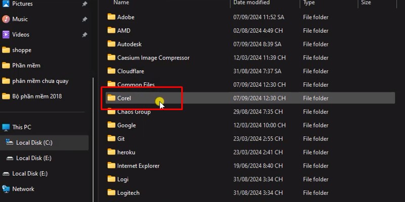 Vào thư mực Corel
