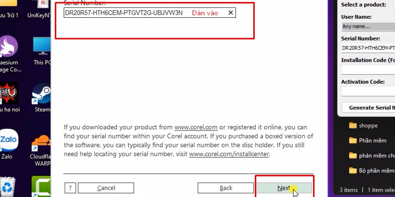 Dán vào ô như hình và bấm next