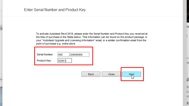 Revit 2019: Hướng Dẫn Cài Đặt Chi Tiết Từ 18 Serial Number: 666 -69696969, Product key: 829k1 và bấm Next
